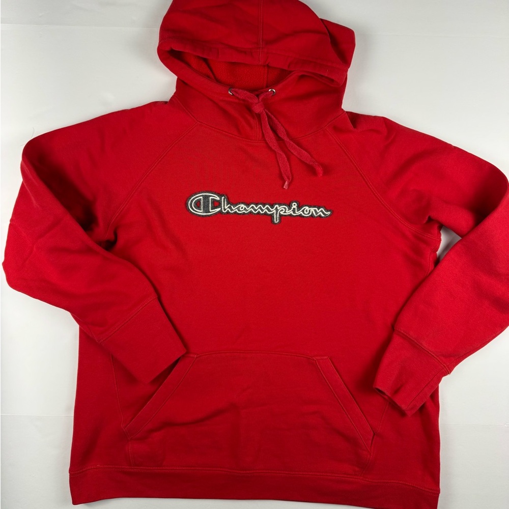 Champion Men’s Red Crewneck Hoodie with Script Logo